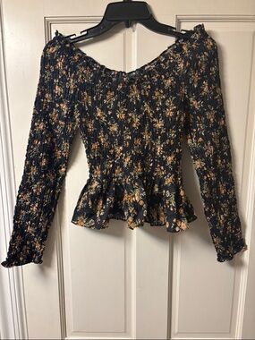 Doen Black Floral Smocked Peplum Blouse with Orange and Cream Flowers